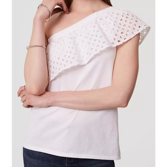 Ann Taylor LOFT White Cotton Eyelet One Shoulder Top Size M - Picture 1 of 6